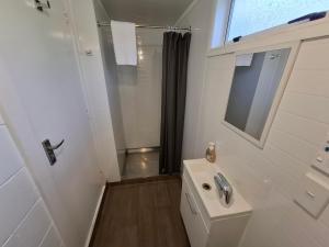 a bathroom with a toilet and a sink and a window at Spring Creek Holiday Park in Blenheim