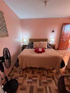 a bedroom with a large bed with a fan at Hostal el hermanito in San Pedro de Atacama