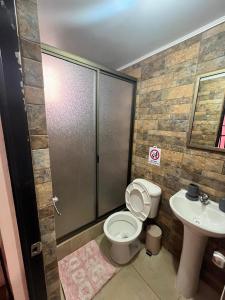 a bathroom with a shower and a toilet and a sink at Hostal el hermanito in San Pedro de Atacama +29 photos