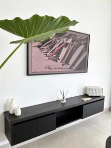 a black cabinet against a white wall with a picture at NOAM by the sea in Tamarindo