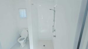 a white bathroom with a toilet and a shower at Mama's Mountain Views in Avarua
