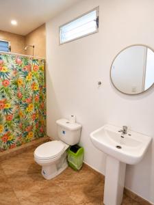 a bathroom with a toilet and a sink and a mirror at Aloha Popoyo in Playa Santana