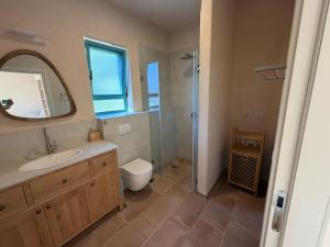 a bathroom with a toilet and a sink and a shower at מול האופק horizonview in Kammon +12 photos