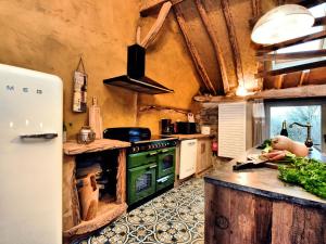 een keuken met een fornuis en een groene oven bij Beautiful one of its kind home with a sauna in Oppagne