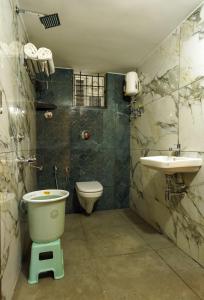 a bathroom with a toilet and a sink at Gayathri Nest in Udupi