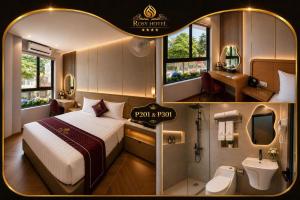 two pictures of a hotel room with a bed and a bathroom at Rosy Hotel 8 in Yên Lô +6 photos