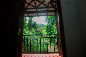 a room with a window looking out at a forest at Zenvora Rainforest Villa in Deniyaya