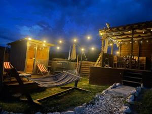 a hammock in front of a cabin at night at VictoriA-Frame in Nucşoara