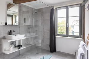 a bathroom with a sink and a shower at Harztrail Lodge in Ilsenburg +16 photos