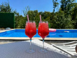 two wine glasses sitting on a table near a pool at Foresta Home in Gradačac