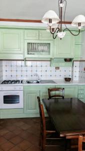 cocina con armarios verdes, mesa y fogones en Number 51, en Roccaraso