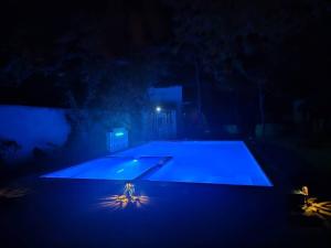 a blue basketball court at night with lights at Karibu Paradaizi in Michamvi