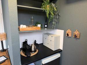 a kitchen with a counter with a coffee maker on it at Hotel Willemstad - kleinschalig hotel in Willemstad +42 photos