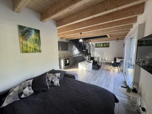 a bedroom with a bed and a living room at mytinyhome in Vétroz