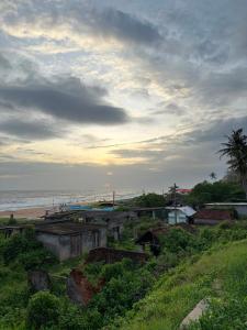 a group of houses on a hill next to the beach at Dolphin beach in Varkala