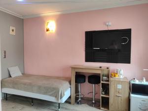 a bedroom with a bed and a flat screen tv at Noclegi Centrum in Jelenia Góra