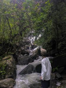 a man standing in front of a waterfall at Zenvora Rainforest Villa in Deniyaya