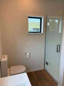 a bathroom with a shower and a toilet and a window at Clydesvale Apartment in Clyde