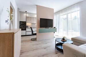 a living room with a couch and a tv at Grey Suites Pécs in Pécs
