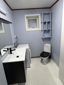 a bathroom with a white sink and a toilet at Rent Apartament Lofoten in Svolvær