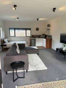 a living room with a couch and a tv at Clydesvale Apartment in Clyde
