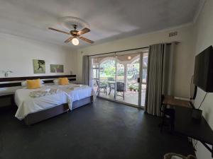 a bedroom with a bed and a television and a patio at Hills and Dales Accommodation in Lanseria