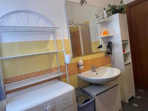 a small bathroom with a sink and a washing machine at La rosa di Rebecca in Monopoli +17 photos