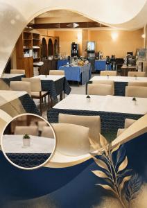 a restaurant with tables and chairs and a mirror at Hotel Riomar in Lagos