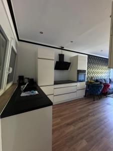 a kitchen with a counter top and a living room at Casa del Mondo 1 in Sankt Aldegund