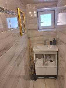 a bathroom with a white sink and a window at Garsoniera 20m2 anexată la casa proprietarului in Botoşani