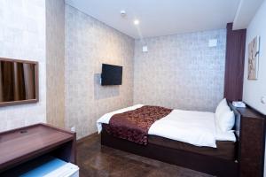 a hotel room with a bed and a television at ホテル ニューウェーブ in Okayama