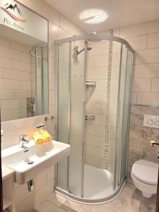 a bathroom with a shower and a sink and a toilet at Piz Arina Inklusiv Premium - Card in Galtür +11 photos