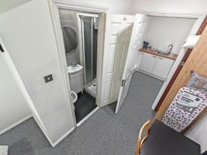 a small bathroom with a toilet and a mirror at Hawthorn Studio - Self Contained One-Bed Studio Flat in Oxford