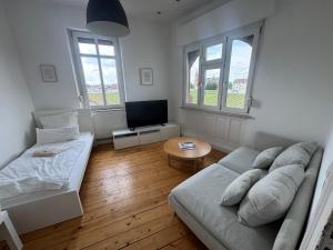 a living room with a couch and a tv at Luxe Apartment am Rhein in Worms