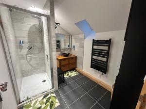 a bathroom with a shower and a sink at L'Appart'Chalet du Revermont in Cousance