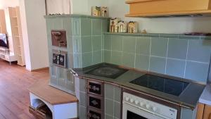 a green tiled kitchen with a stove top oven at Ferienvilla Schwarzenbach in Schwarzenbach an der Gölsen