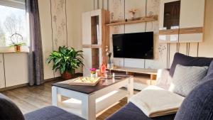 a living room with a couch and a tv at Ferienhaus Flotte Biene Buggow nahe Usedom in Rubkow