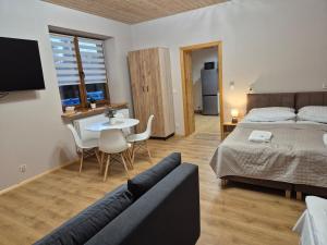a living room with a bed and a couch and a table at Apartment Pod Modrzewiem in Powidz
