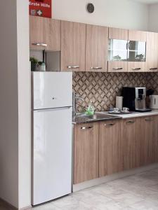 a kitchen with a white refrigerator and wooden cabinets at Apartman Sofija centar in Teslić +6 photos