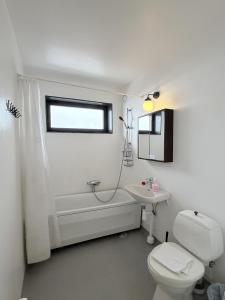a bathroom with a toilet and a tub and a sink at Lysekil Apartment Hotel in Lysekil +19 photos
