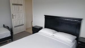 a bedroom with a bed with a black headboard at Acacia Nest in Tangier +4 photos