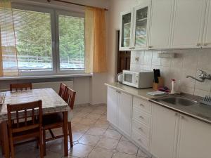 a kitchen with a table and a microwave at ubytovanie Vážka in Banská Štiavnica