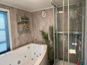 a bathroom with a tub and a glass shower at The Perfect Stop - Northern Halo in Lødingen