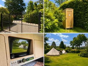 a collage of four pictures with a tv and a tent at Glamping Privé 2 tentes pour vous sur le mont à Tilff in Esneux
