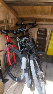 two bikes are parked next to each other in a garage at Fresh romance by the river in Bohinj