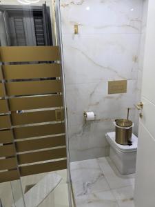 a bathroom with a toilet and a glass door at B&B la marica in Adrano