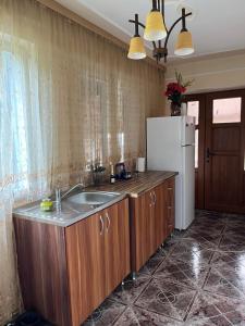 a kitchen with a sink and a refrigerator at Cazare Sandy in Novaci-Străini +11 photos