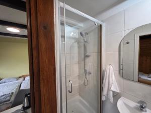 a bathroom with a shower and a tub and a sink at Zachęta in Sokolec +50 photos