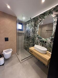 a bathroom with a toilet and a sink and a mirror at Akroyiali Resort in Vasiliki +107 photos