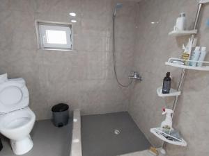 a bathroom with a toilet and a shower with a window at Guesthouse Leno in Tsaldashi +79 photos